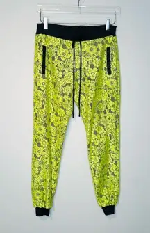 ALEXIS Neon Yellow Lace Black Satin Joggers Pants Size XS