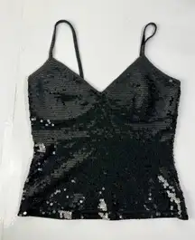 Saks Fifth Ave Glam Black Silk Sequin Camisole Top Spaghetti Strap Party Evening