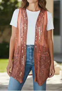Soft Surroundings Duster Cardigan Vest L Burnt Orange Sheer Sequin Boho Goddess