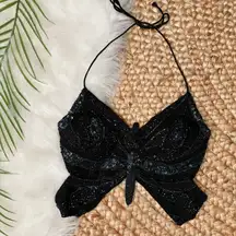 Y2K 579 Black Beaded Sequin Butterfly Halter Top