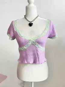 Purple Lace Trim Babydoll Top Coquette Fairycore Soft Girl Y2K Romantic Small