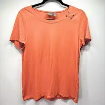 Chico’s Melon Orange Short Sleeve Tee with Laced Grommets on One Shoulder Sz 1/M