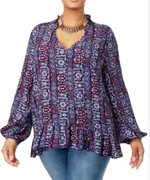 Style & Co Woman 1X Blouse Blue Red Print‎ Ruffle Neck Long Sleeve Top