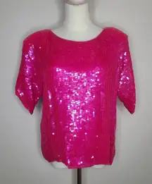 Vintage‎ Rina Z Pink Barbiecore Sequin Short Sleeve Silk Top Evening Party Sz M