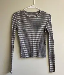 S- American Eagle Gray and White Striped Long Sleeve Top Warm Flattering