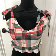Aerie Women's Plaid Sleeveless Crop Top With Shoulder‎ Ties & Ruffle Hem Size M