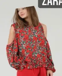 ZARA red flowers daisy print blouse shirt tee top long sleeve off shouldered sz s