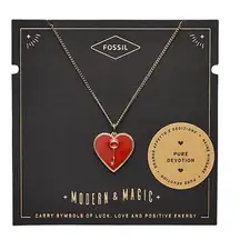 Fossil Heart and Key Necklace, Gold Tone, Red