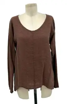 FLAX Brown‎ Linen Round Neckline Long Sleeve Top Size P / XS