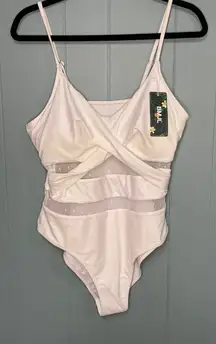 BMJL Womens White Twist Front Mesh One Piece Swimsuit Size L