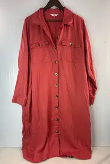 TT XL Pocketed Safari Style Button Down Midi Shirt Dress in Coral