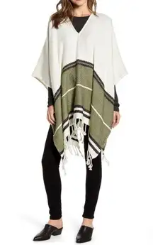 Treasure & Bond Fringe Poncho Striped Boho Jacket Cover Cozy Warm Winter