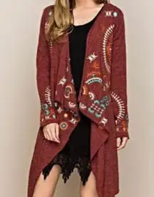 MONORENO ECLIPSE EMBROIDERED CARDIGAN Sweater Burgundy Red Boho L XL