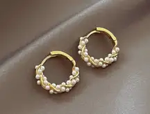 18K Gold Plated White Pearl Hoop Earrings for Women