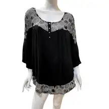 Naif Boho Black White Flowy Embroidered Lace Babydoll Three Quarter Shirt 2X