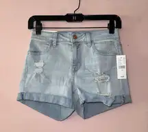 Light Blue Denim Distressed Super Stretch Denim Shortie Shorts 25 NWT!