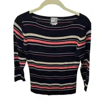 CLIO Striped Knit Top Black Pink‎ Beige 3/4 Sleeve Fitted Pullover