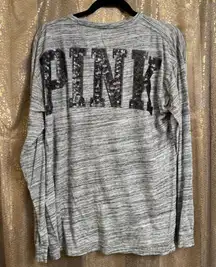 PINK Victorias Secret Gray Bling Sequined Shoulder Logo Campus Top Large