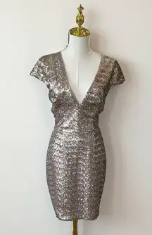 Dress the Population Zoe Sequined Dress V-Neck Mini Party Dress Cap Sleeve Small