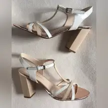 New Franco Sarto Ebba White & Tan Beige Patent T Strap Sandals Heels sz 9M