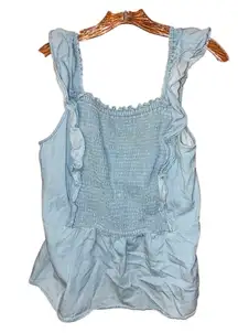Old navy light wash smocked square neck flutter sleeve peplum top Large #741