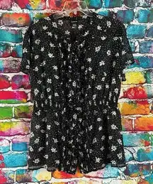 Torrid Womens Blouse Size 2 Black Floral Pleated Button Up Elastic Waist Top Sem