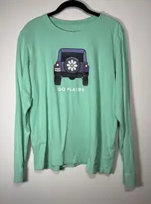 LIFE IS GOOD Large Long Sleeve Aqua Blue Crusher T-Shirt Cotton Jeep