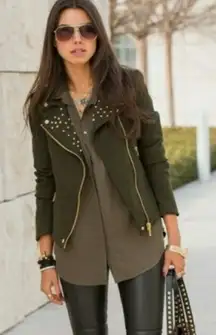 Zara Basic Size XS Army Olive Green Wool Blend Moto Zip Studded Zip up Jacket