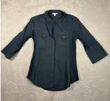 Standard James Perse Contrast Ribbed Panel Cotton Button Front Top Black Size 3