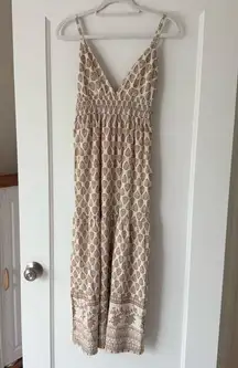 Sim & Sam Bohemian Tan Babydoll Linen Blend Maxi Dress in Oat Print Size XSmall