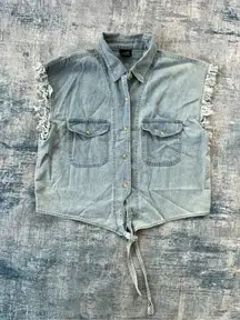 CH Apparel Rock of Ages Distressed Button Down Sleeveless Tie Front Denim Top XL