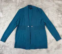 Talbots Merino Wool Cardigan Open Front Button Accent Teal Blue L (See‎ Pics)