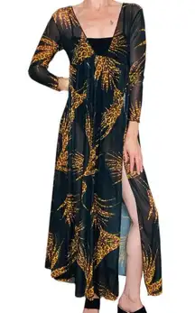 Black & Brown Animal Cheetah Print Sheer Swim Cover Maxi Dress