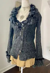 LaSeine Gray Black Witchy Goth Frilly Ruffle Feather Zip Up Flare Cardigan M