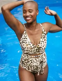 Aerie Leopard Print Wrap One Piece Full Coverage Swimsuit, Size Large