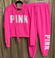 PINK Victorias Secret Cinched Crop Hoodie & Sweatpants Atomic Pink Set L/XL