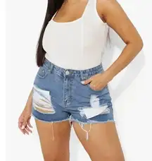 Boohoo High Rise Destroyed Raw Hem Denim Jean Shorts Size 14