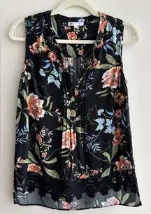 DR2 Black/Blue/Orange Floral Print Tank Top with Crochet Lace Hem, Size Small