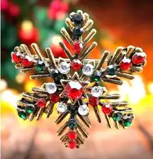 Christmas Snowflake Brooch Pin Star Red Green Crystal Accents Festive Winter