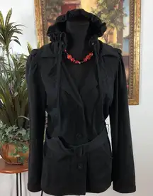 Ruff Hewn Black Trench Coat Hoodie Belted Pocket Long Sleeve 3 Buttons Front