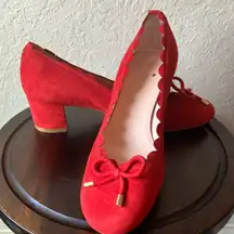 Kate Spade : Maraschino Red Yasmin Suede Scalloped Bow Ballet Block Heel- 7