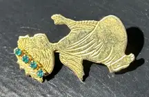 Vintage Praying Kneeling Child ANGEL Sapphire Rhinestones Gold Tone Pin Brooch