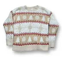 Holiday Time Sweater Neutral Knit Pullover Cream Tan Snowflake Tree Fair Isle