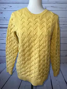 Lands End Medium 10 12 Drifter Sweater Mustard Yellow Cable Knit Pullover Cotton