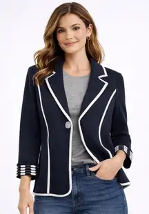 Ming Wang Nautical Preppy Blazer S | Navy Knit Contrast Trim Jacket