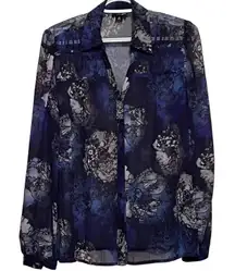 East 5th Blue Black Sheer Floral Long Sleeve Button Front Blouse Size M‎