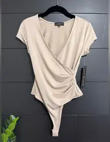 ALMOST FAMOUS Champaign Silky Short Sleeve 1 Piece Bodysuit Women’s Sz S NWT