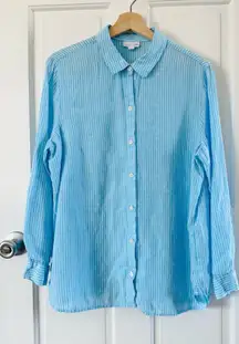 J. Jill Love Linen Sky Blue White Stripe Button Up Shirt Blouse Size M