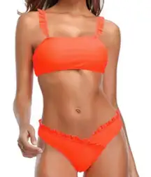Neon Orange Ruffle Bandeau Two Piece Summer Beach Bikini NEW