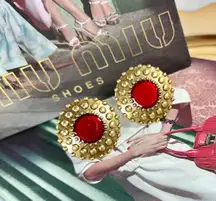 Gold & Red Enamel Textured Clip-On Earrings